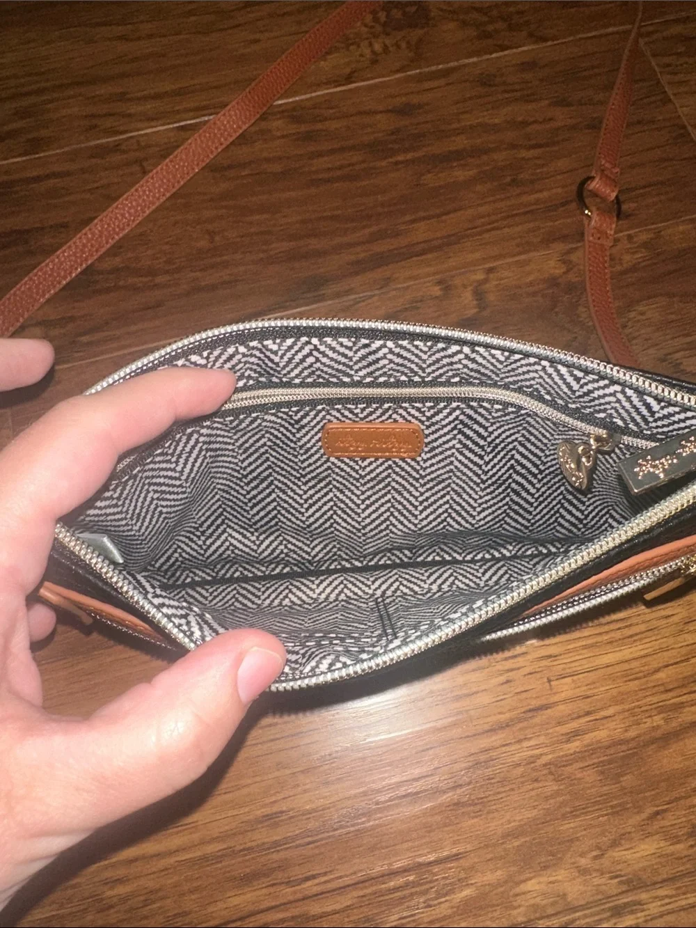 Itzy Ritzy Tricolor Crossbody Bag in White, Black & Tan